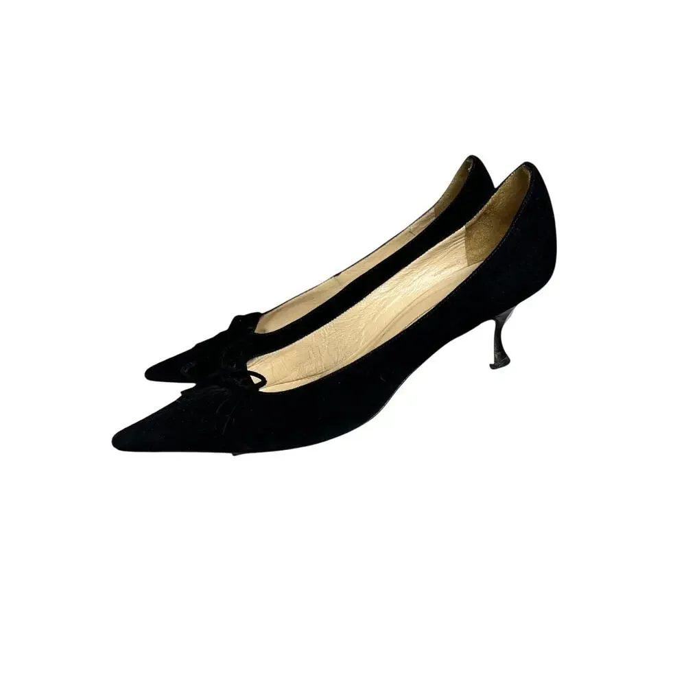 Vintage Manolo Blahnik Black Suede Bow Pumps Pointed Toe Kitten Heels 35.5